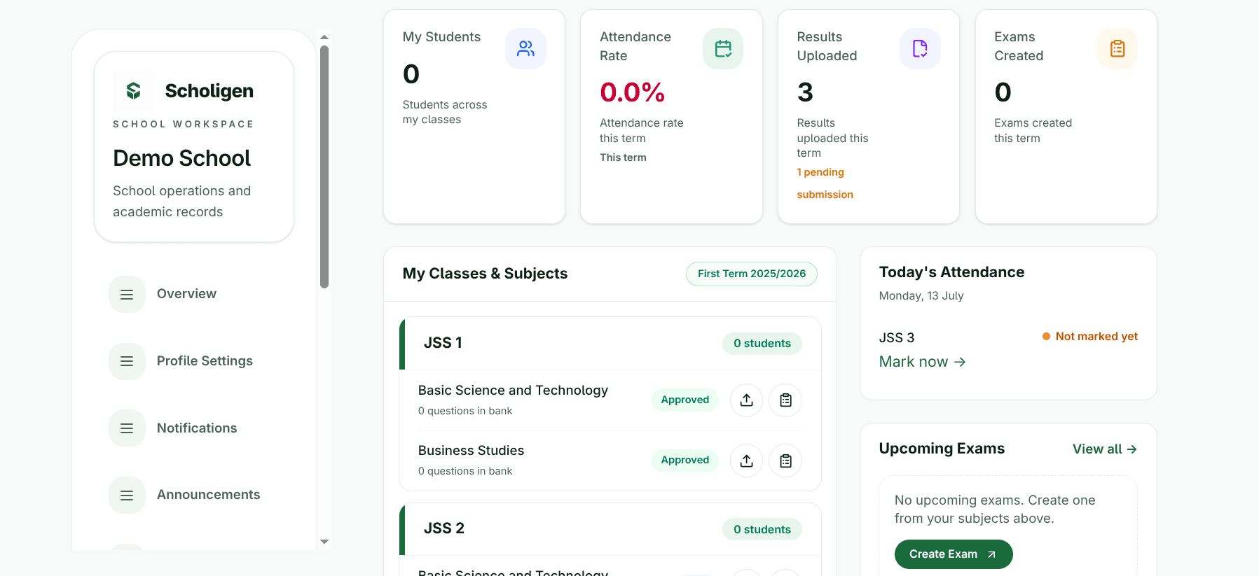 Scholigen school ERP dashboard